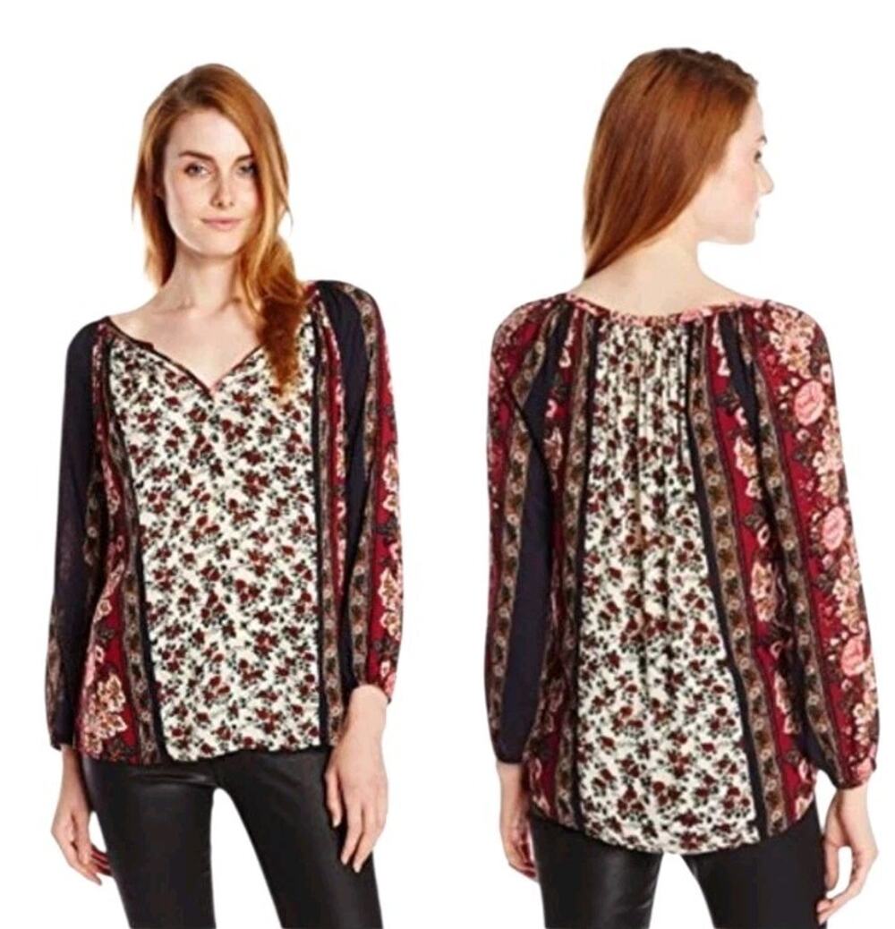 Lucky Brand Women’s Sz M Floral Blouse Top Artsy Print Boho Peasant Shirt Hippie